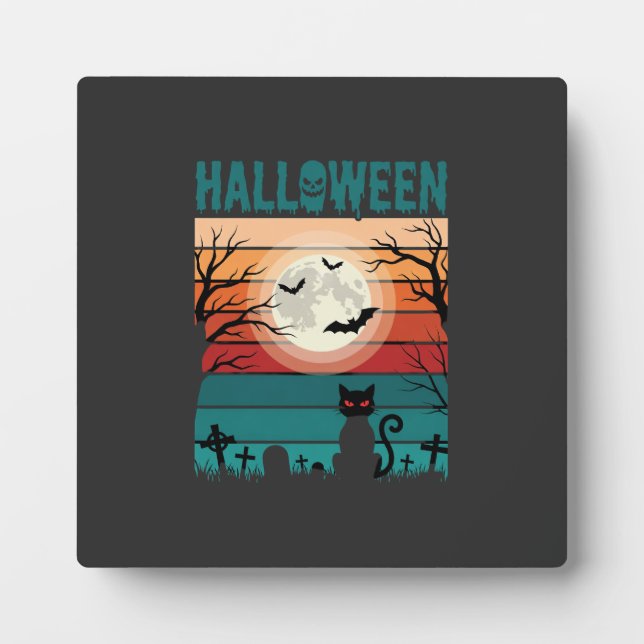 Halloween Black Cat Moon Graveyard Retro Vector De Plaque (Front)