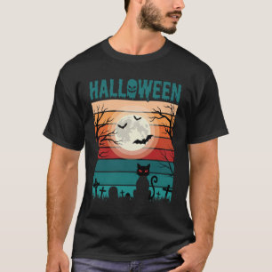 Halloween Black Cat Moon Graveyard Retro Vector De T-Shirt