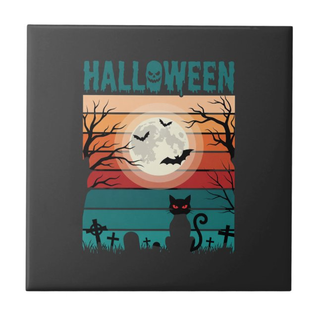 Halloween Black Cat Moon Graveyard Retro Vector De Tile (Front)