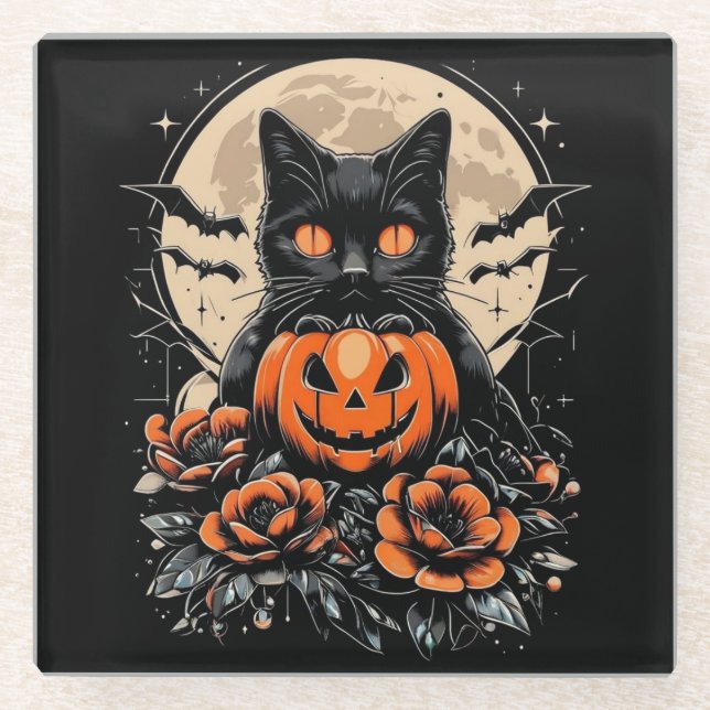 Halloween Black Cat, Moon & Pumpkin Glass Coaster (Front)