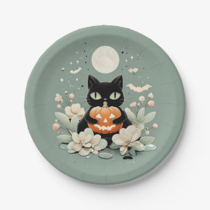 Halloween Black Cat, Moon & Pumpkin Paper Plate