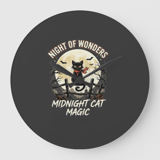 Halloween Black Cat Moonlight Large Clock (Front)