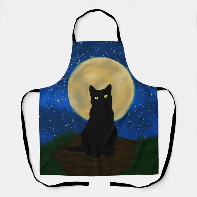Halloween Black Cat Moonlit Silhouette  Apron (Front)