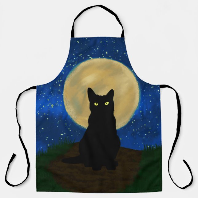 Halloween Black Cat Moonlit Silhouette  Apron (Front)