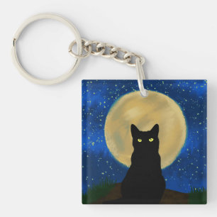 Halloween Black Cat Moonlit Silhouette Key Ring