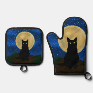 Halloween Black Cat Moonlit Silhouette  Oven Mitt & Pot Holder Set