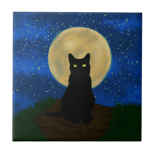 Halloween Black Cat Moonlit Silhouette Tile
