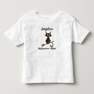 Halloween Black Cat on a Broom Personalise Toddler T-Shirt