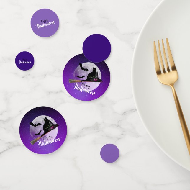 Halloween Black Cat on Broom Full Moon Confetti (Group)