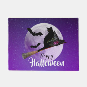 Halloween Black Cat on Broom Full Moon Doormat