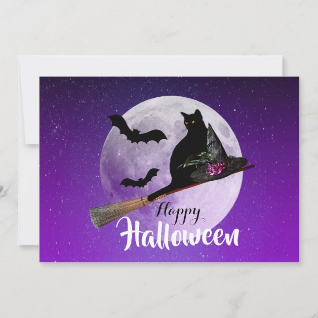 Halloween Black Cat on Broom Full Moon Holiday Card (Front)