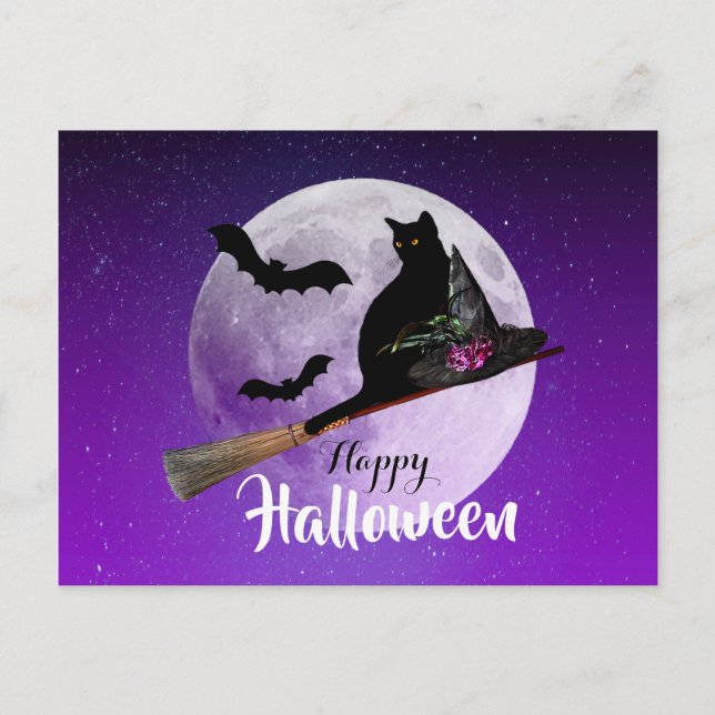 Halloween Black Cat on Broom Full Moon Holiday Postcard (Front)