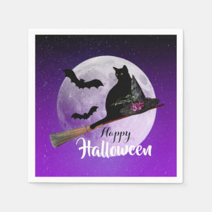 Halloween Black Cat on Broom Full Moon Napkin