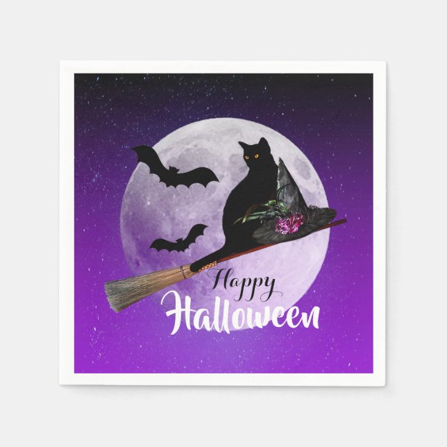 Halloween Black Cat on Broom Full Moon Napkin (Front)