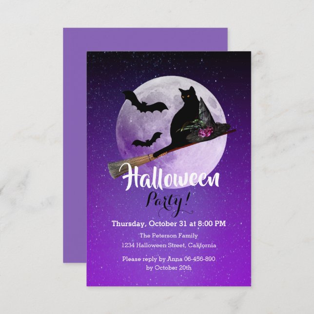 Halloween Black Cat on Broom Full Moon Party Invitation (Front/Back)