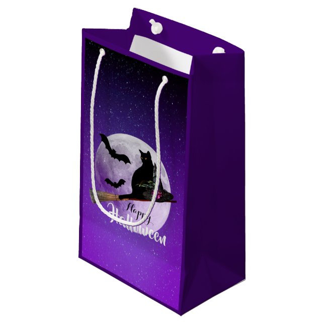 Halloween Black Cat on Broom Full Moon Small Gift Bag (Front Angled)