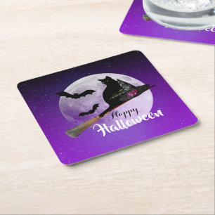 Halloween Black Cat on Broom Full Moon Square Paper Coaster