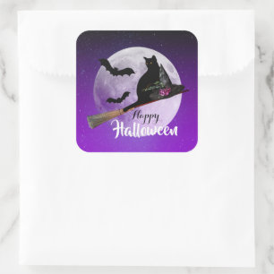 Halloween Black Cat on Broom Full Moon Square Sticker
