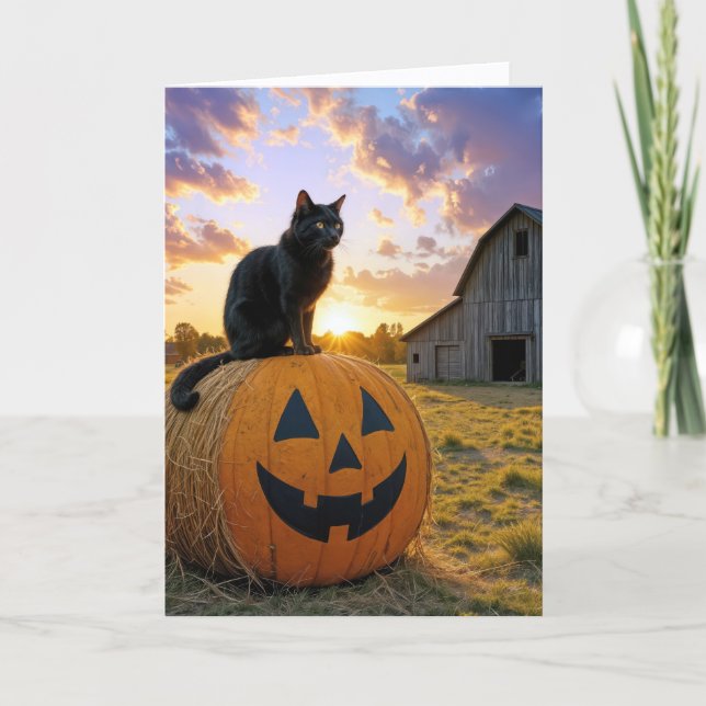 Halloween Black Cat On Pumpkin Hay Bale Card (Front)