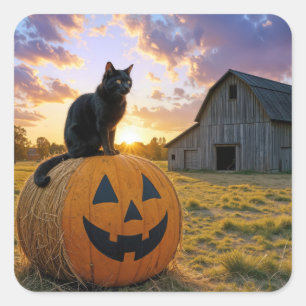 Halloween Black Cat On Pumpkin Hay Bale Square Sticker