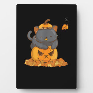 Halloween Black Cat on Pumpkin with Autumn Leaves Plaque