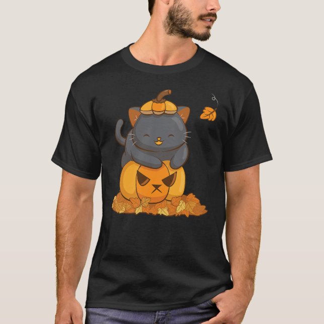 Halloween Black Cat on Pumpkin with Autumn Leaves  T-Shirt (Front)