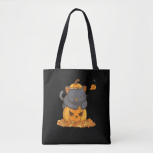 Halloween Black Cat on Pumpkin with Autumn Leaves  Tote Bag
