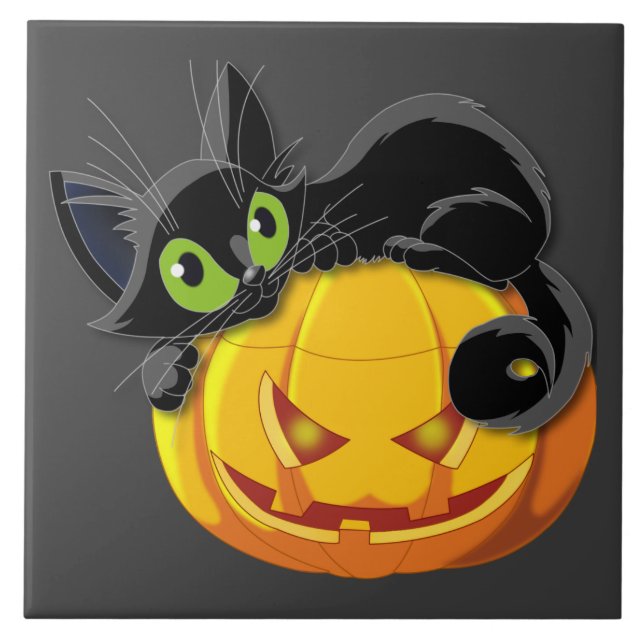 Halloween black cat on top of pumpkin tile (Front)