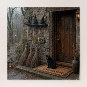 Halloween Black Cat on Unwelcome Doormat Jigsaw Puzzle