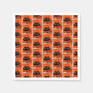 Halloween Black Cat Orange Squares Cartoon Napkin