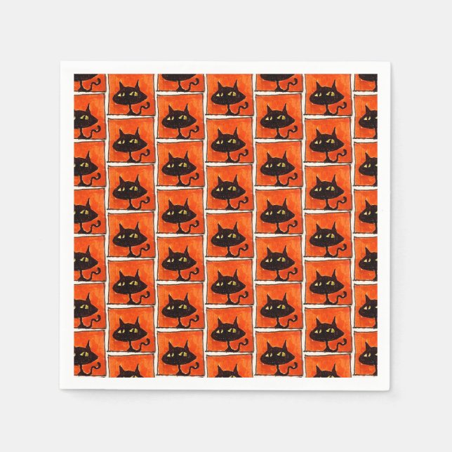 Halloween Black Cat Orange Squares Cartoon Napkin (Front)