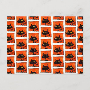 Halloween Black Cat Orange Squares Cartoon Postcard