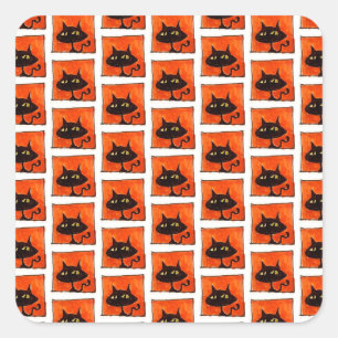 Halloween Black Cat Orange Squares Cartoon Square Sticker