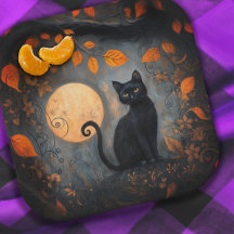 Halloween Black Cat Ornate Moody Full Moon