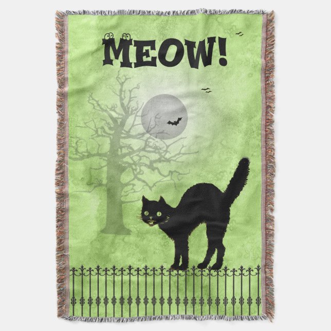 Halloween Black Cat Over-all Green Print Scene Throw Blanket (Front Vertical)