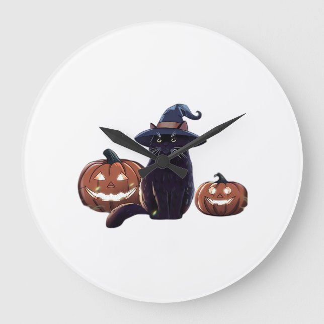 Halloween black cat Oversized T-Shirt Large Clock (Front)