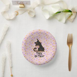 Halloween Black Cat Party Confetti Pink Paper Plate
