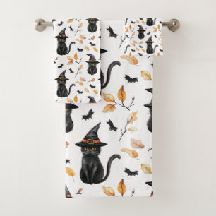 Halloween Black Cat Pattern - Witchy Cat  Bath Towel Set