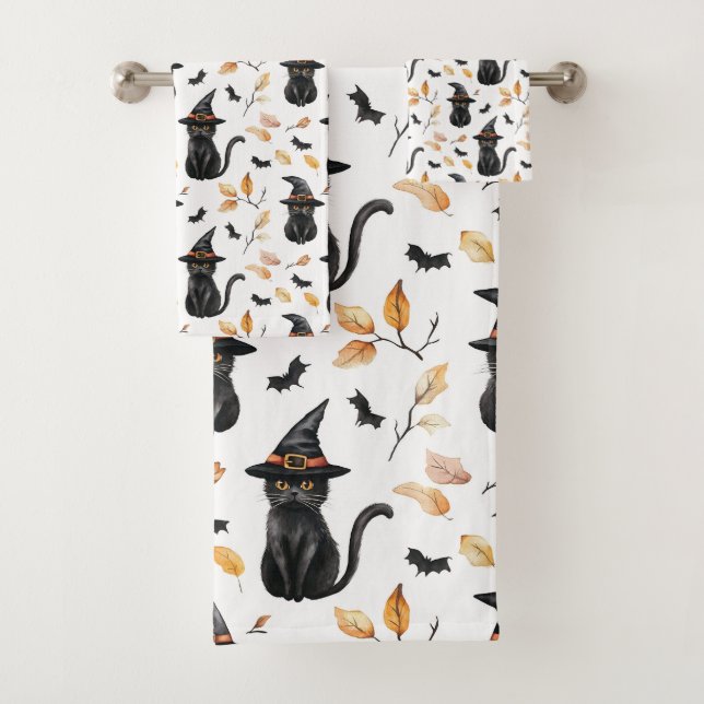 Halloween Black Cat Pattern - Witchy Cat  Bath Towel Set (Insitu)