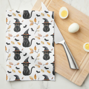 Halloween Black Cat Pattern - Witchy Cat Tea Towel
