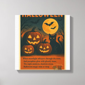 Halloween Black Cat & Pumpk Stretched Canvas Print