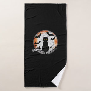 Halloween Black Cat Pumpkin Bat Moon Cemetery Scar Bath Towel