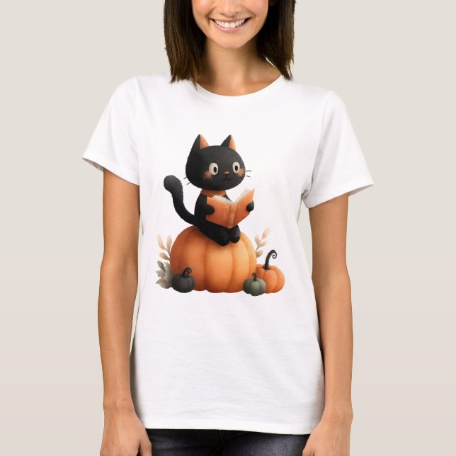 Halloween Black Cat Pumpkin Design T-Shirt (Front)