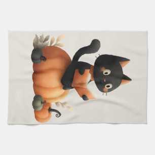 Halloween Black Cat Pumpkin Design Tea Towel
