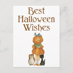 Halloween Black Cat, Pumpkin Girl and Owl Postcard