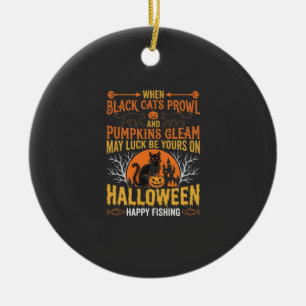 Halloween Black Cat Pumpkin Happy Fishing Design Ceramic Tree Decoration