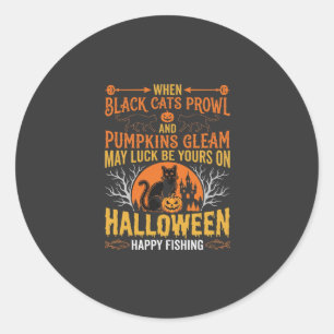 Halloween Black Cat Pumpkin Happy Fishing Design Classic Round Sticker