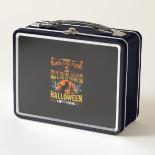 Halloween Black Cat Pumpkin Happy Fishing Design Metal Lunch Box