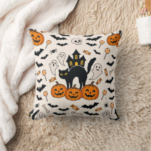 Halloween Black Cat & Pumpkin Haunted House Cushion