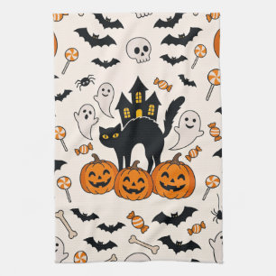 Halloween Black Cat & Pumpkin Haunted House Tea Towel